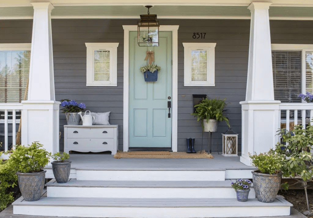 WHITE COLUMN AND WYETH BLUE DOOR FRONT PORCH DESIGN IDEAS