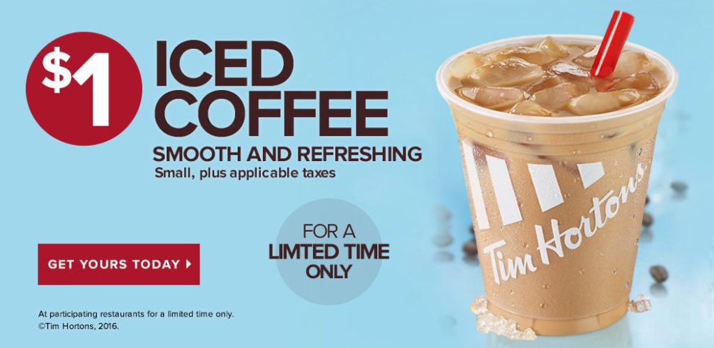 Tim Hortons: Tiny Iced Espresso basically $1 - photograph relating to Tim Hortons Coupons Printable named Tim Hortons: Very low Iced Espresso merely $1 -
