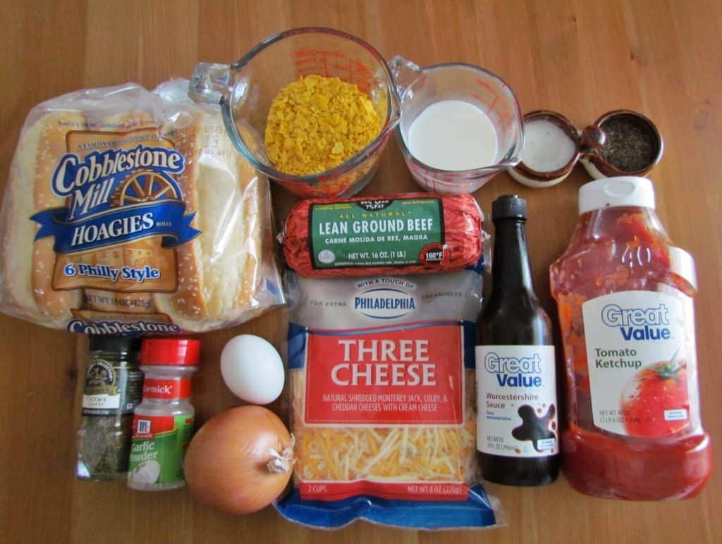 ground beef, onion, Worcestershire sauce, ketchup, onion, bread