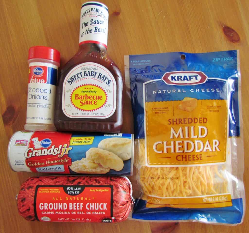 refrigerated biscuits, ground beef, shredded cheese, barbecue sauce, onions