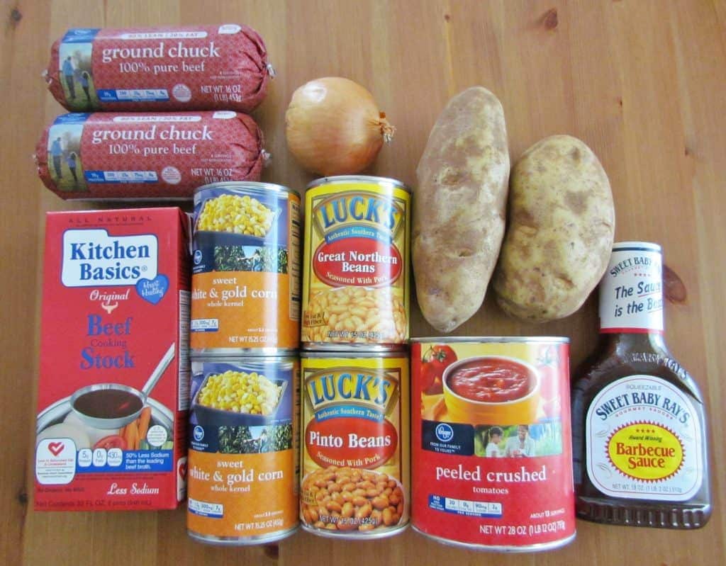 ground beef, beef broth, potatoes, corn, pinto beans, onion and barbecue sauce