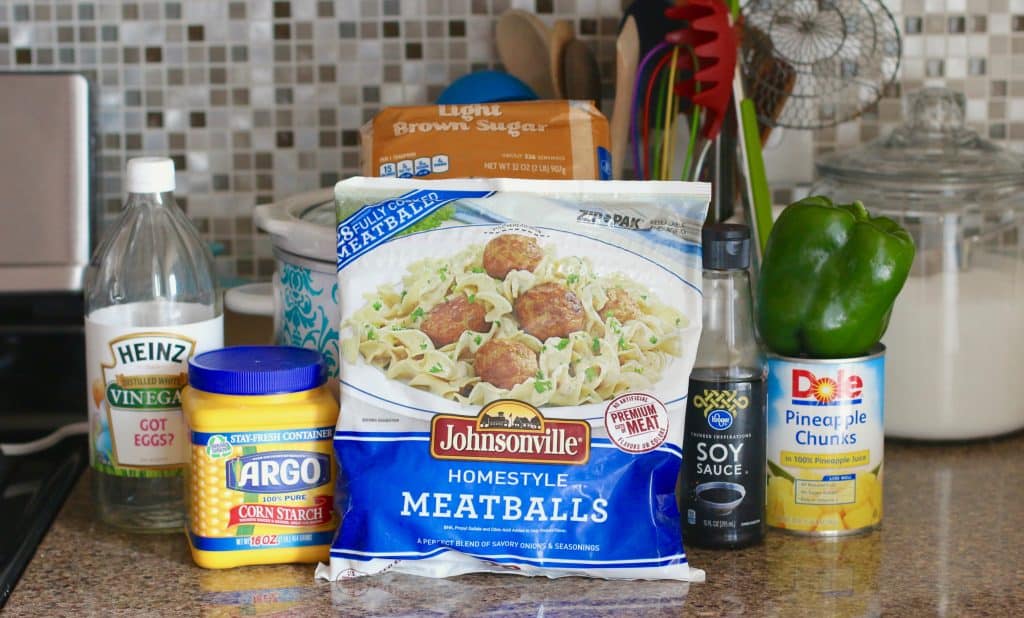 frozen meatballs, pineapple, soy sauce, brown sugar, green pepper, cornstarch