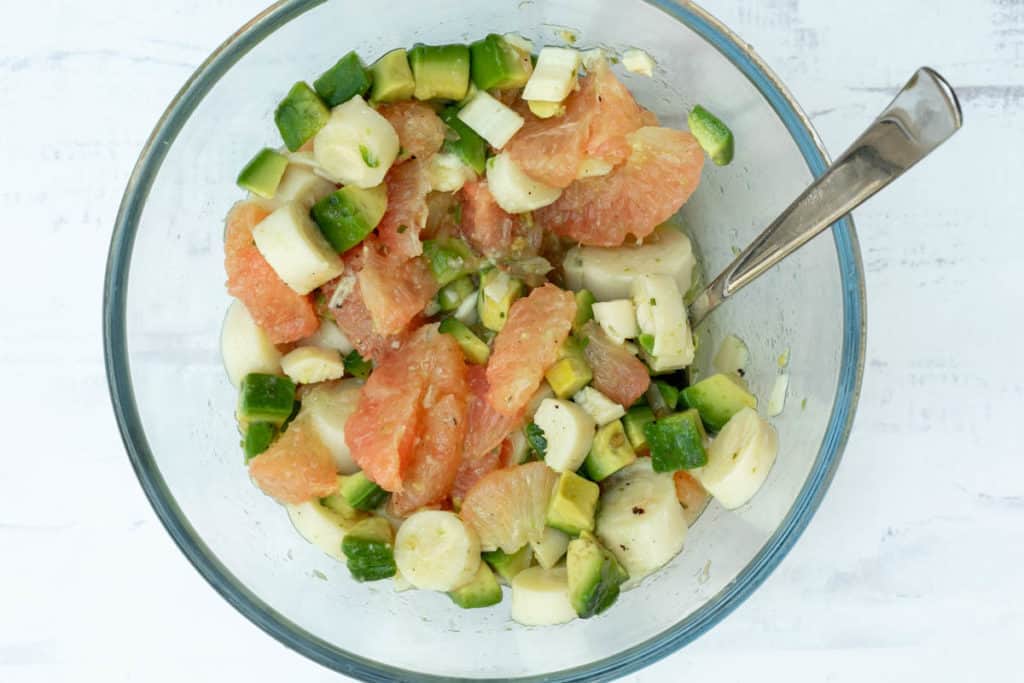 hearts of palm salad in glass bowl ready to serve