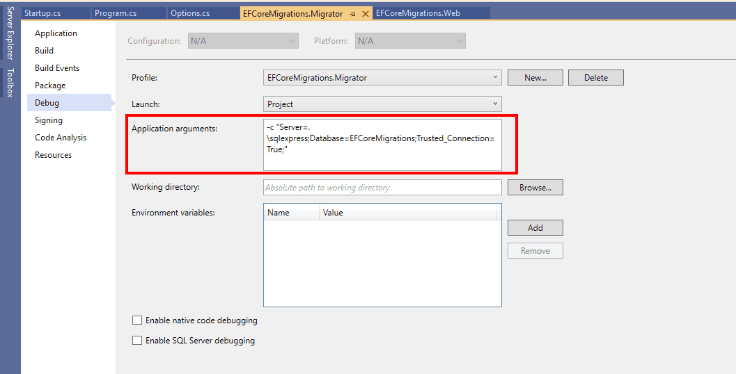ef core migration debug settings
