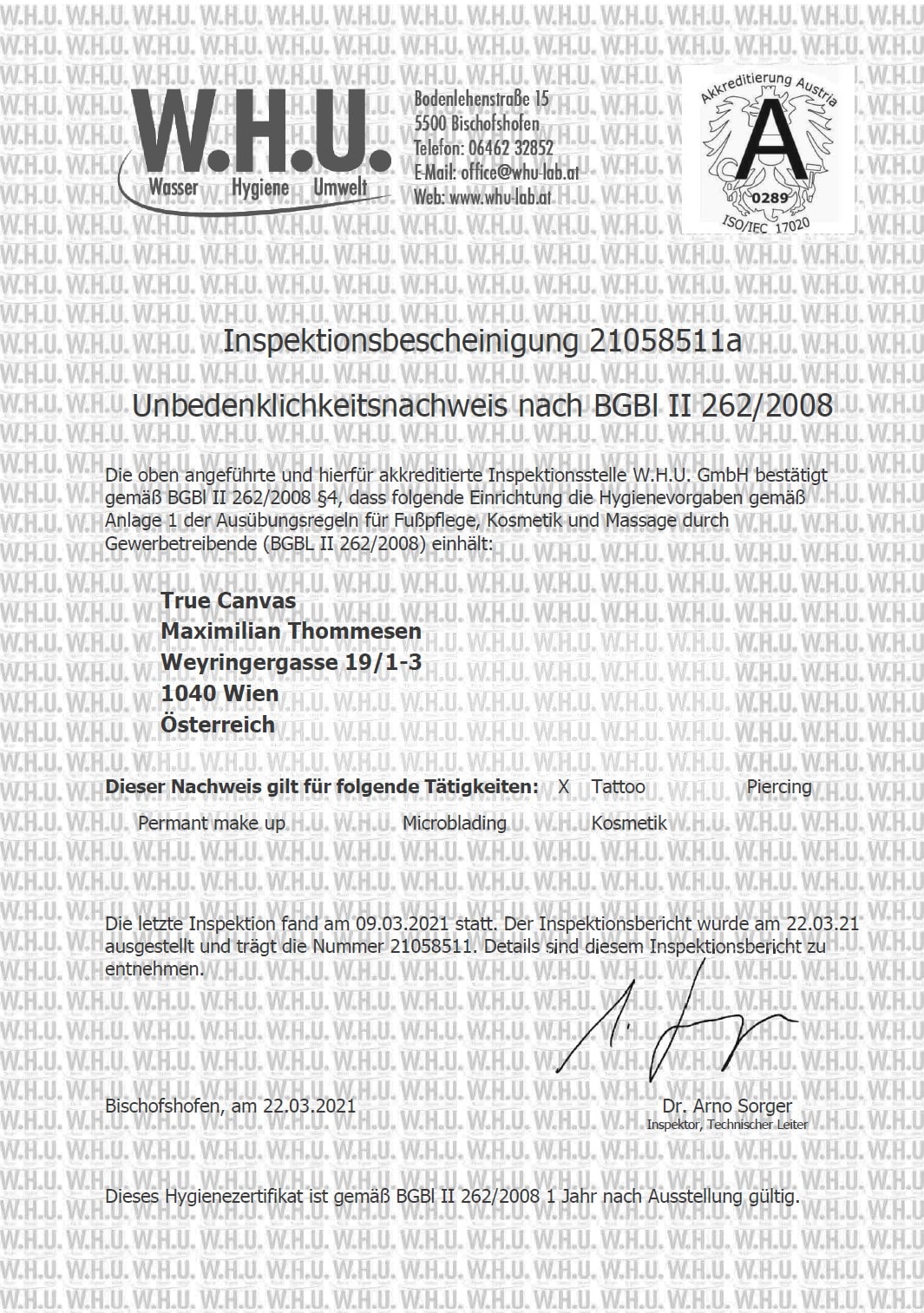 Hygienezertifikat Unbedenklichkeitsnachweis