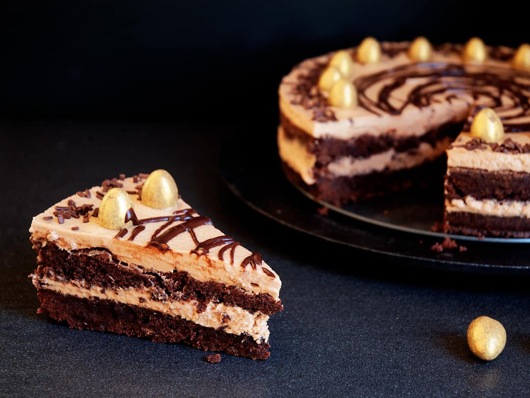Slice of Chocolate Brownie Cake with chocolate filling