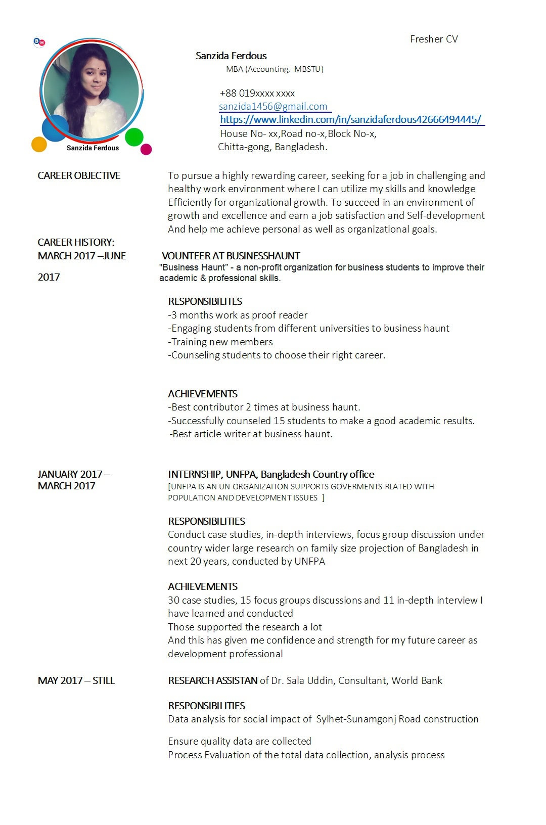 Fresher's CV Sample | Business Haunt