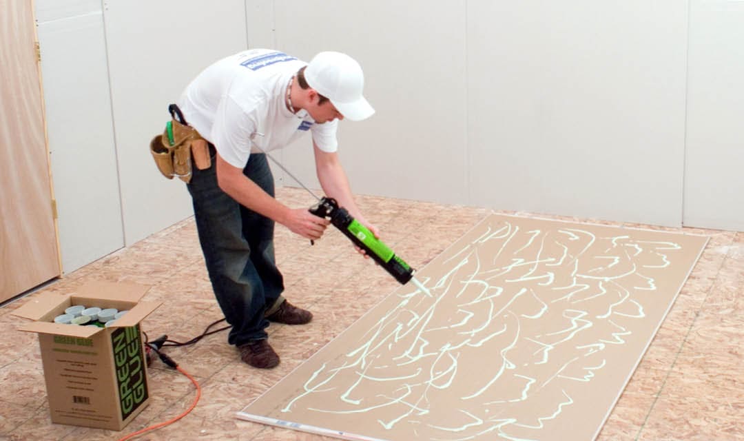 Apply Green Glue to backside of drywall Apply Green Glue to backside on the Gypsum