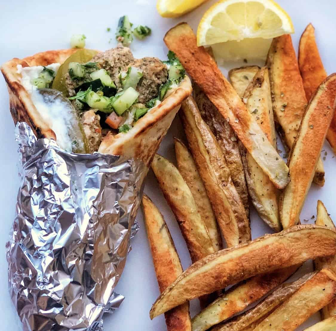 chicken gyro and baked fries
