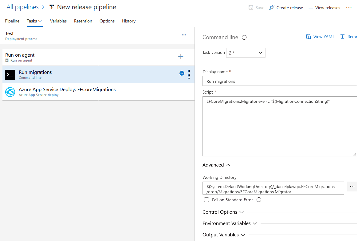 ef core migration azure devops release definition