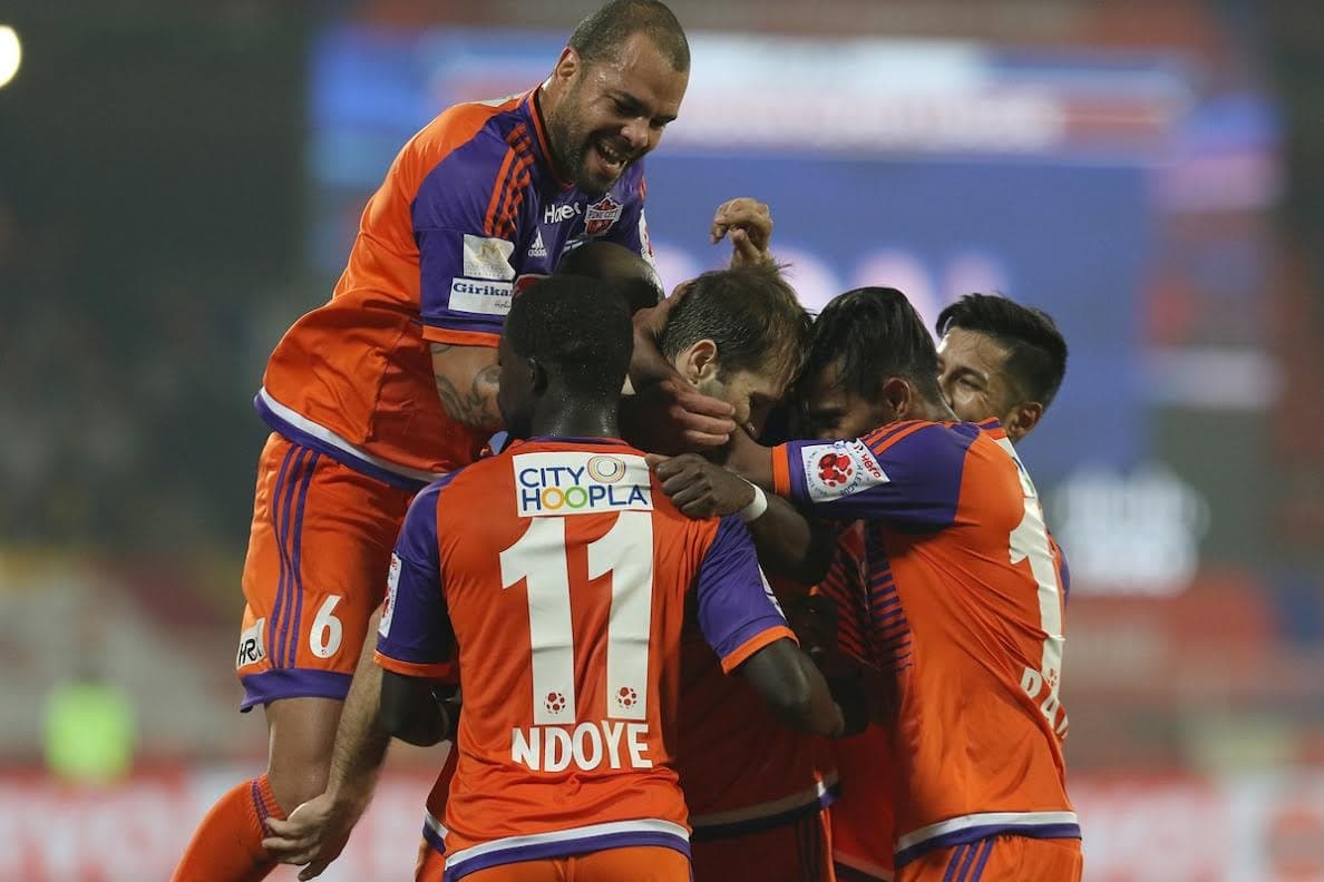 Anibal Zurdo Rodríguez of FC Pune City celebrates the goal during match 42 of the Indian Super League (ISL) season 3 between FC Pune City vs Delhi Dynamos FC held at the Balewadi Stadium in Pune, India on the 18th November 2016. Photo by Faheem Hussain / ISL / SPORTZPICS