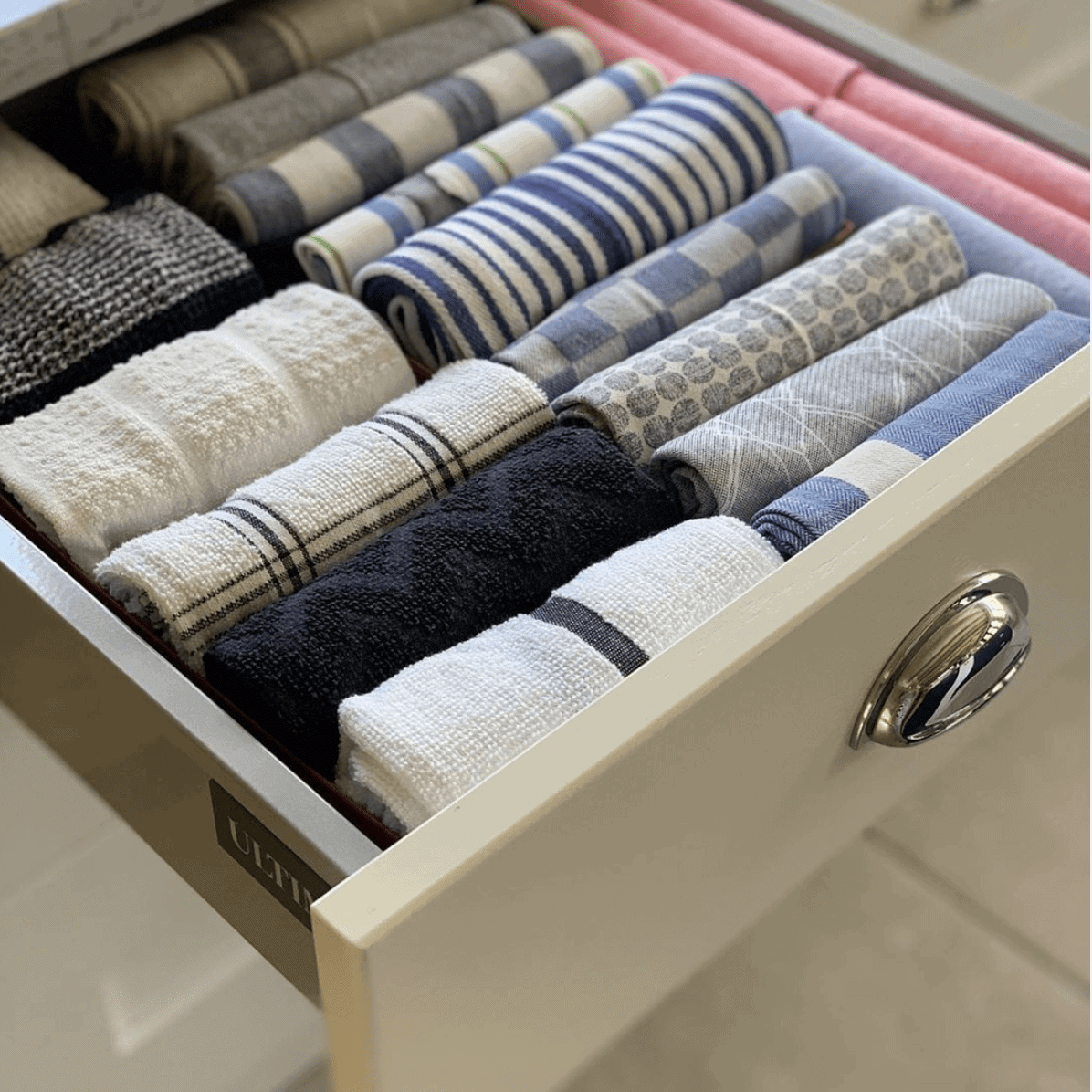 kitchen towels organized with the Konmari folding method