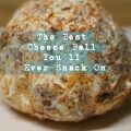 cheeseball on plate with overlay of text