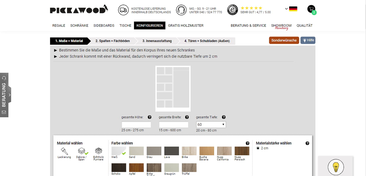 pickawood screenshot schrankkonfigurator maßschrank