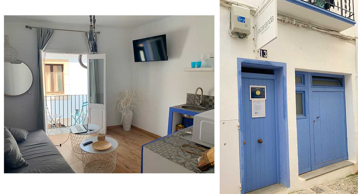 Salón y fachada de los Apartamentos Jacaranda