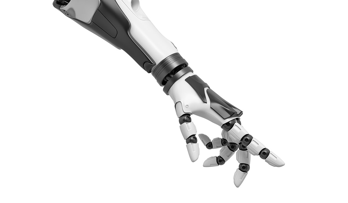 3d Rendering Of A Robotic Arm With Fingers Half Curled And The Index Finger Pointing Out