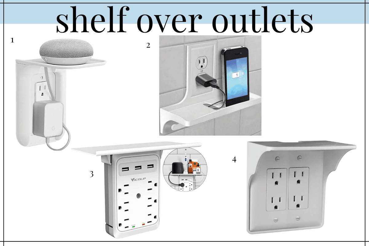 shelf over your outlets is a need to know bathroom counter organization hack