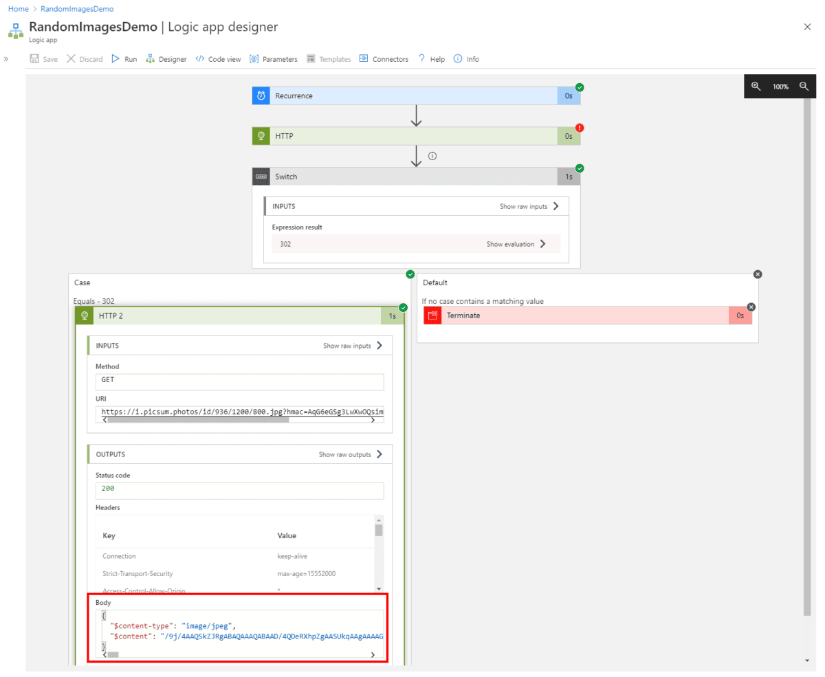 Wynik wykonania przykładu Azure Logic App z drugim żądaniem pobierającym obrazek.