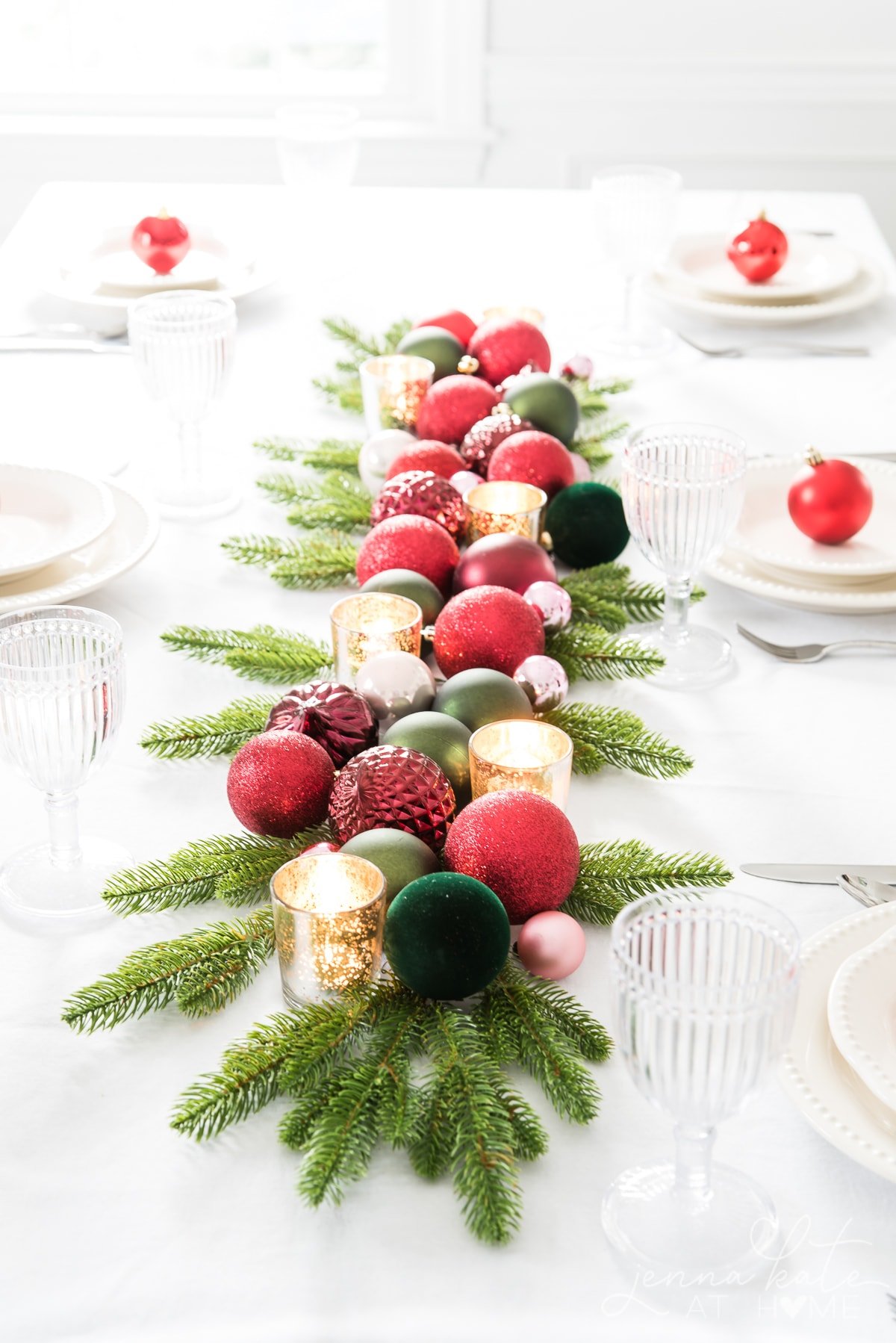 Quick and easy Christmas tablescape using tree ornaments