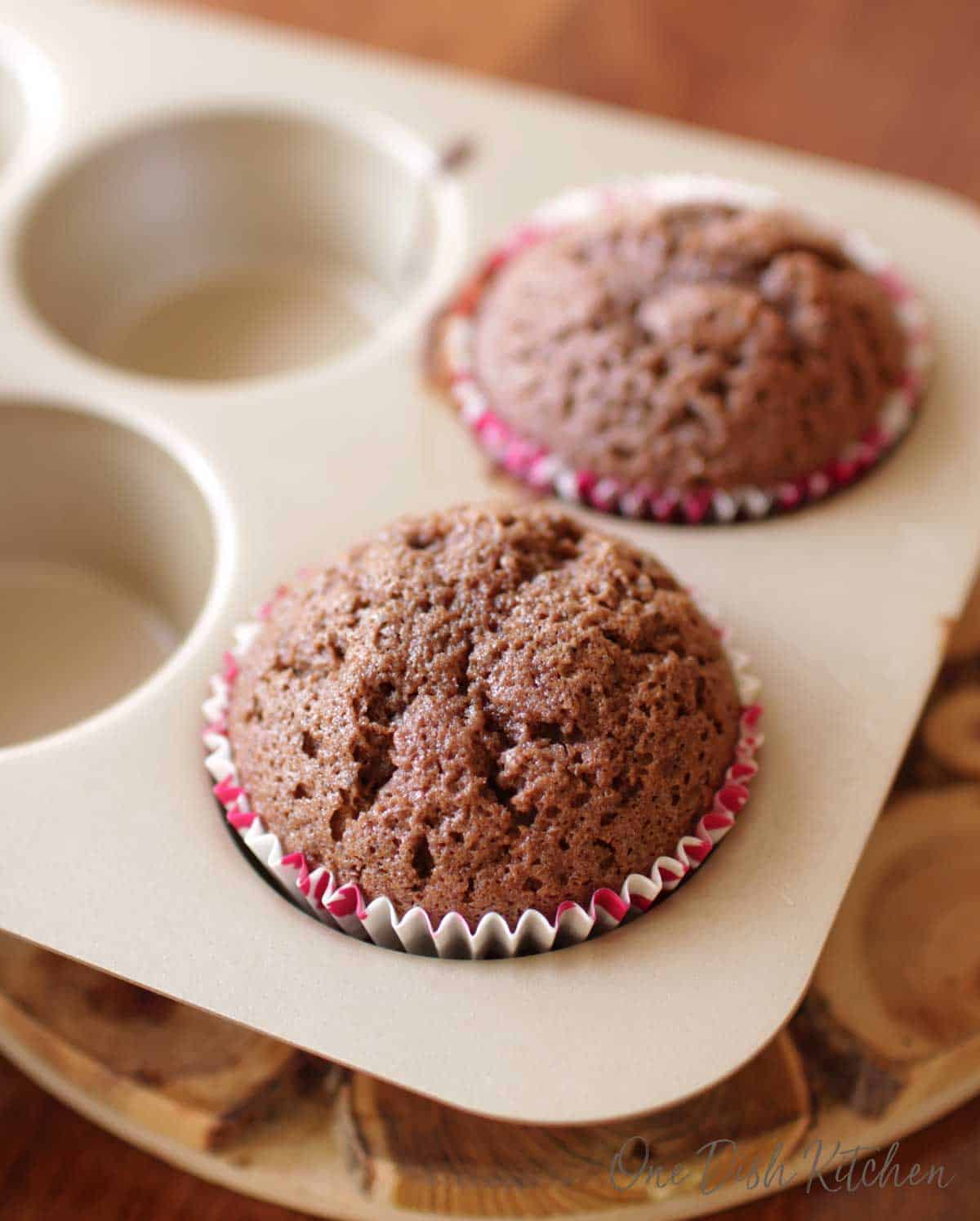 Two chocolate cupcakes out of the oven without frosting.