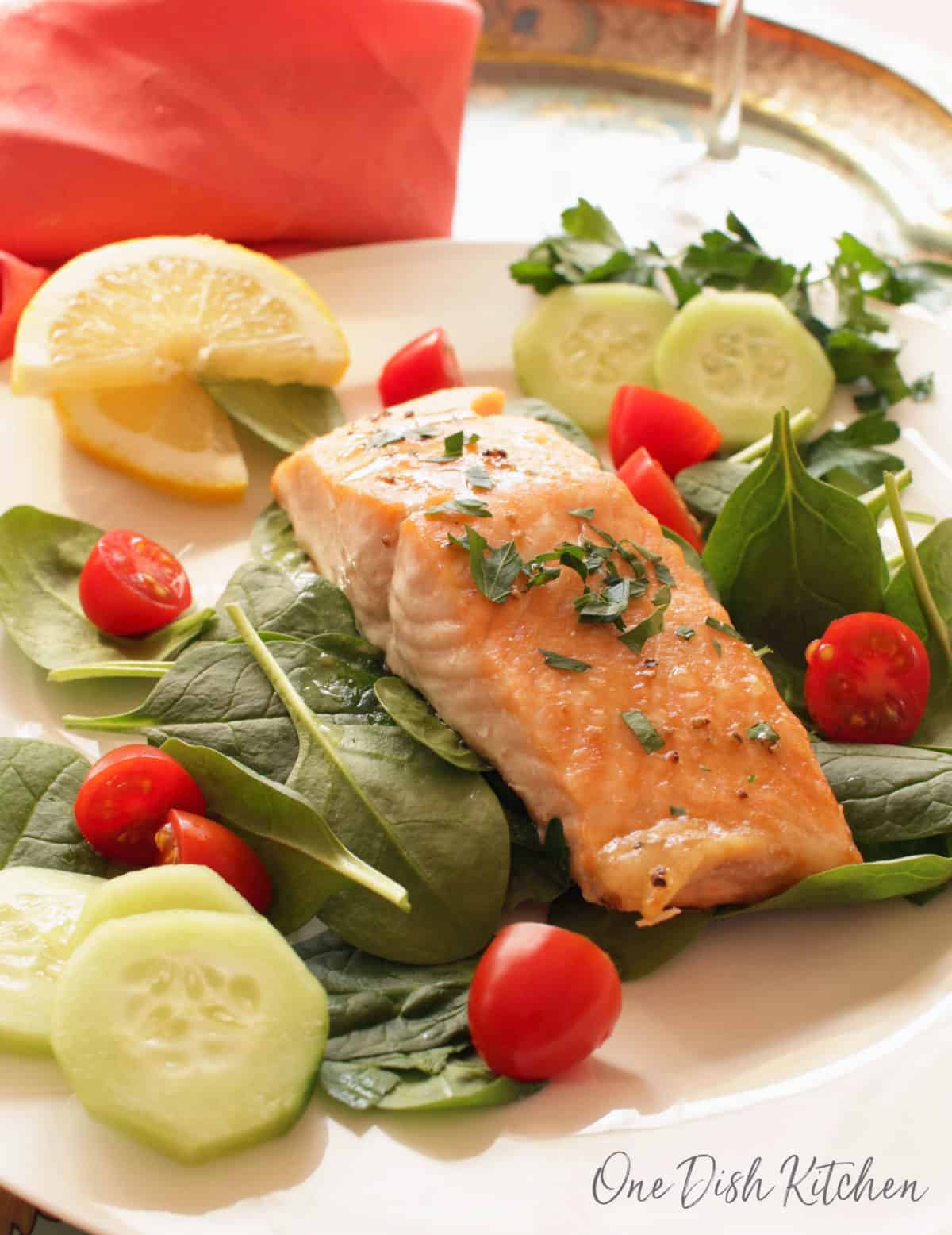 A salmon fillet on a bed of fresh spinach, cherry tomatoes, and cucumber slices plated with lemon slices on a metal tray