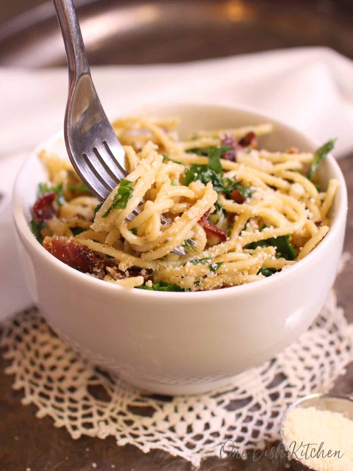 pasta twirled around a fork.