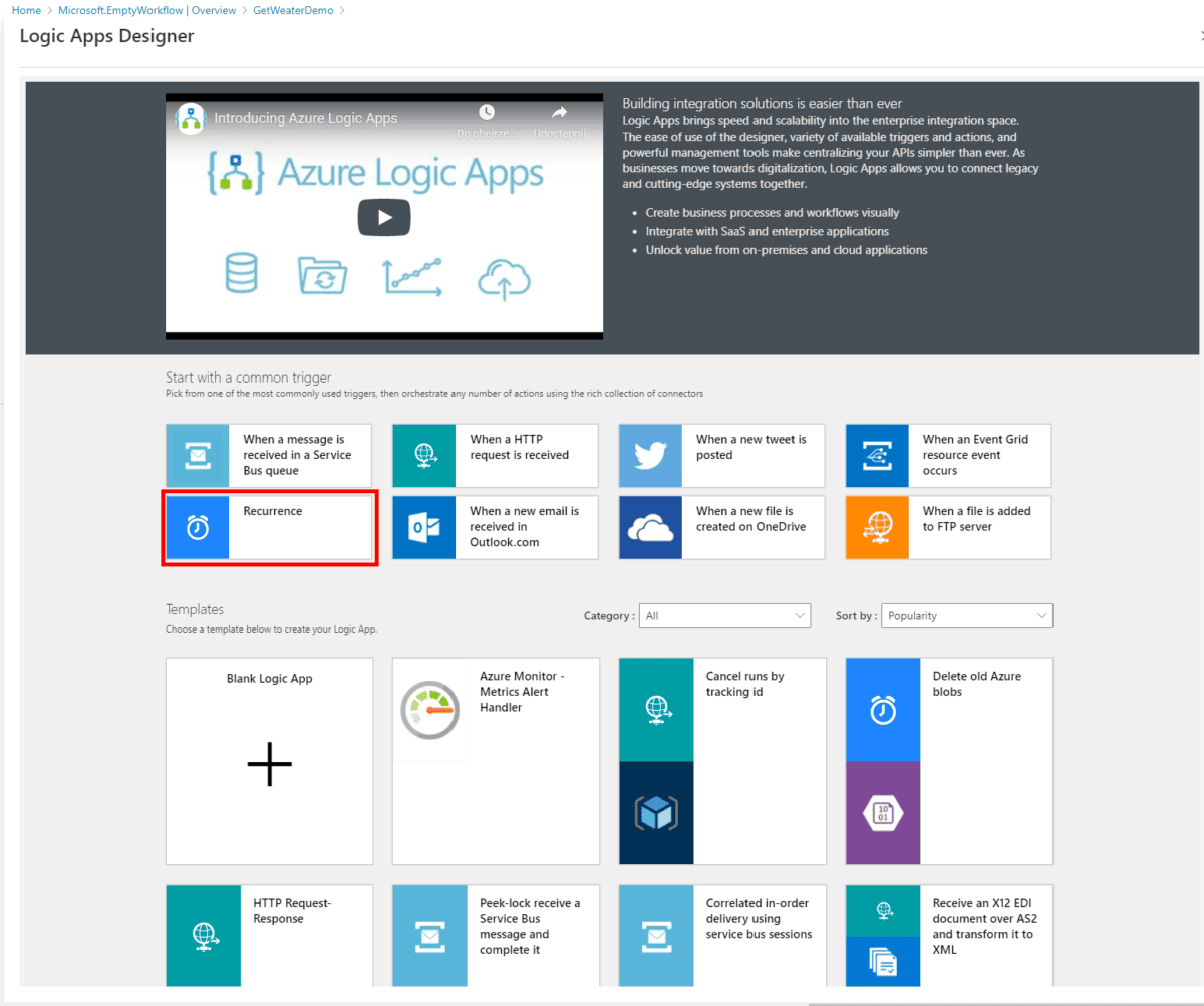Azure Logic App kreator po utworzeniu