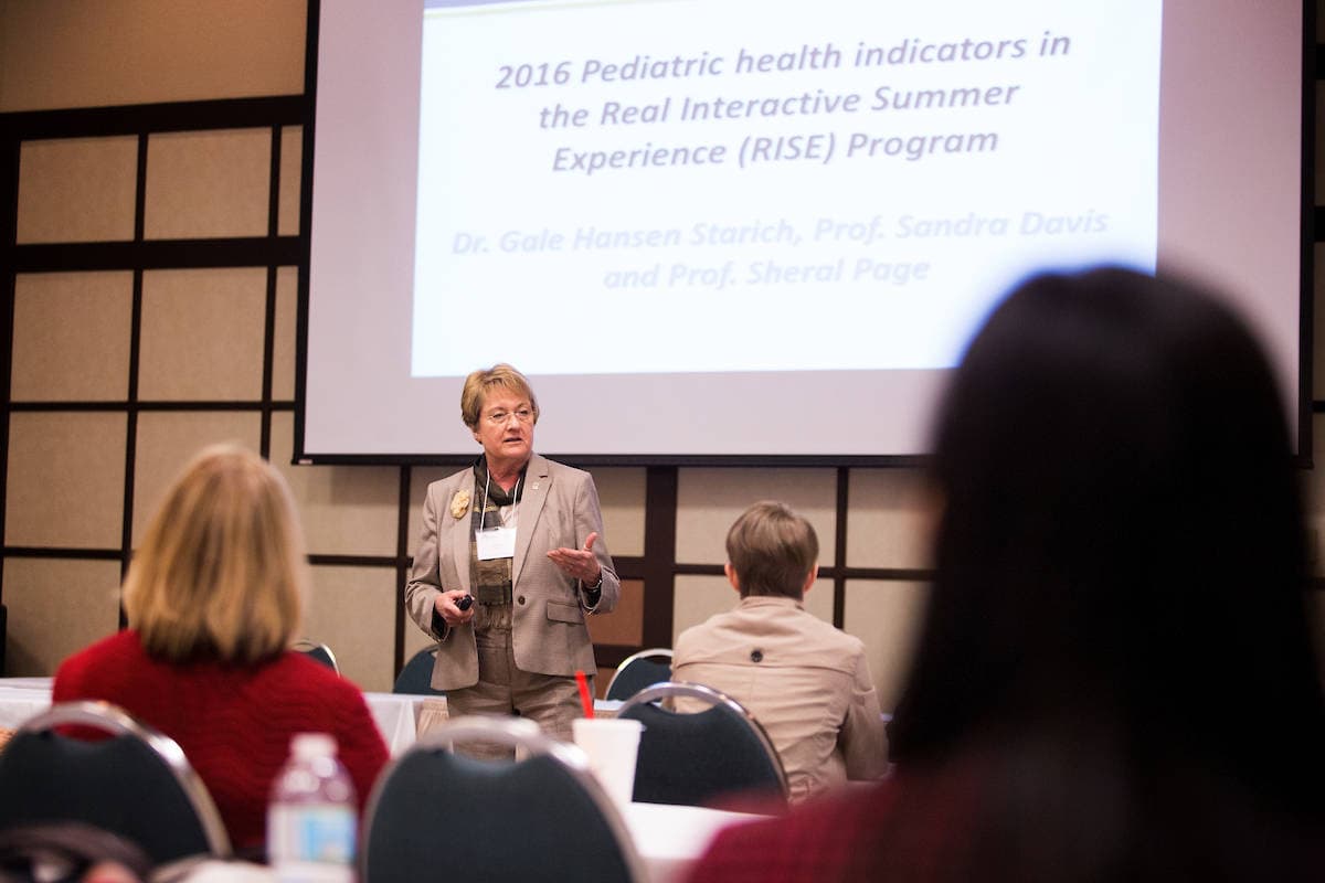 Gale Starich, dean of the College of Health Sciences, gives a presentation about the RISE Program during the Brenau University Research Symposium. Each spring for the past six years, Brenau students and faculty have showcased the universitys continually growing focus on research at the annual Research Symposium.
