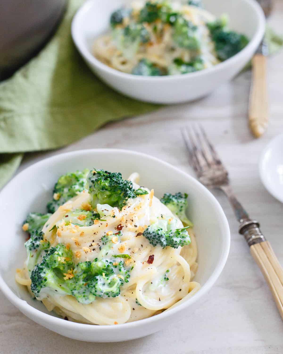 Lightened Up Spaghetti Alfredo - Healthier Spaghetti Alfredo with Broccoli