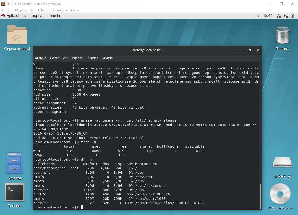 RHEL 7.6 con las Guest Additions de VirtualBox instaladas