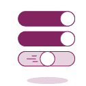 3 Sliders to represent turning something off and on. Top 2 are dark purple with the switches turned off. Bottom slider has switch in middle to show it is being turned on. 3 Sliders to represent turning something off and on. Top 2 are dark purple with the switches turned off. Bottom slider has switch in middle to show it is being turned on.