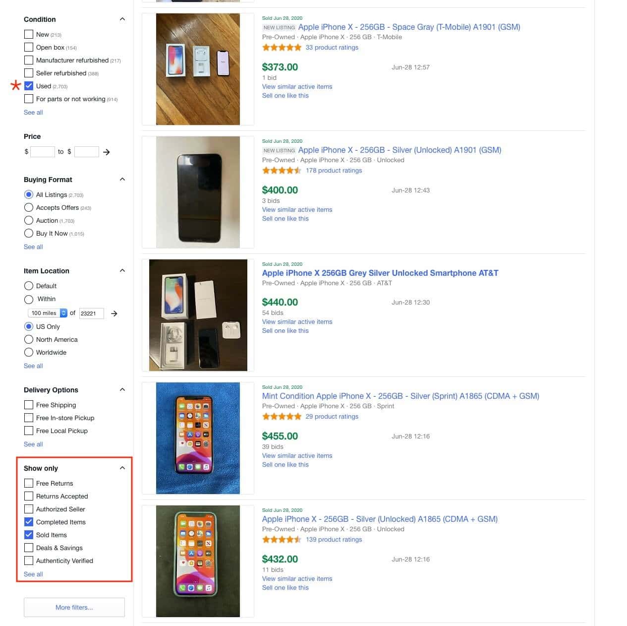 The eBay selected filters on the left side let you see completed and more specifically successfully sold listings for your search term - you can even add additional filters like condition and location.