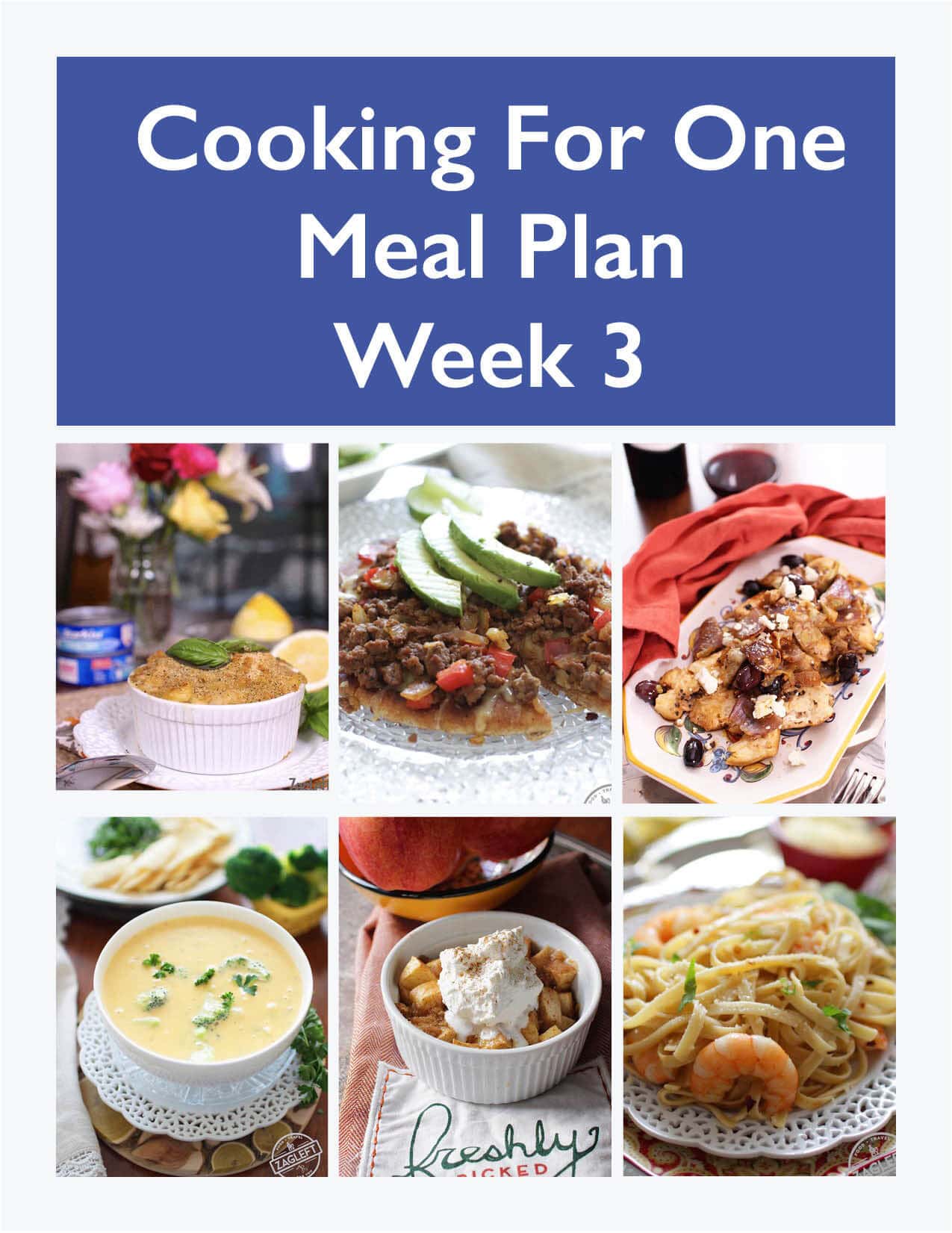 This Cooking For One Meal Plan, Week 3 includes recipes, a grocery list and cooking tips. These meal plans are ideal for anyone cooking for one or two people and is designed for people who live on their own, a parent who wants to indulge themselves while their kids have their favorites, couples that can’t agree on what they want for dinner or caregivers providing meals to a parent or friend. | One Dish Kitchen