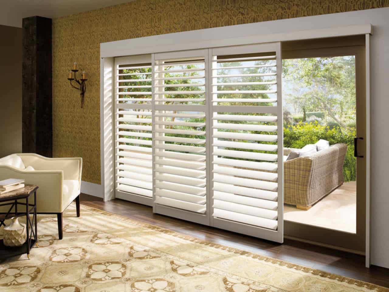 Plantation shutters for sliding glass patio doors
