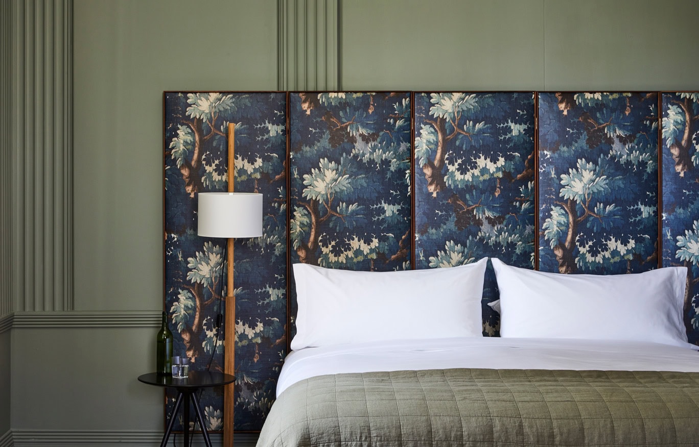 King size bed with graphic headboard