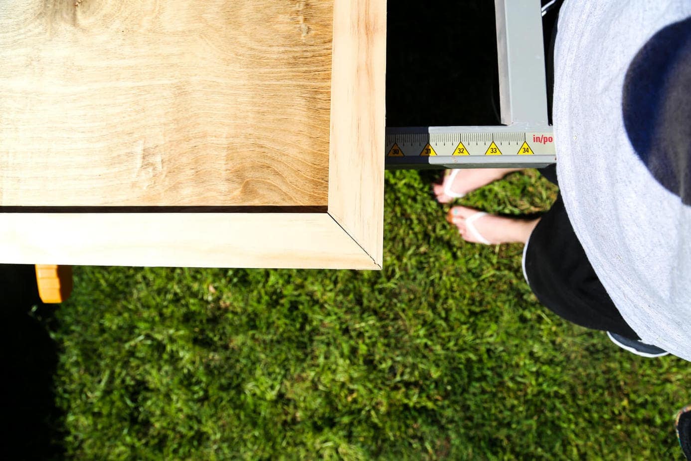 Overhead shot of wood cut at a mitered angle