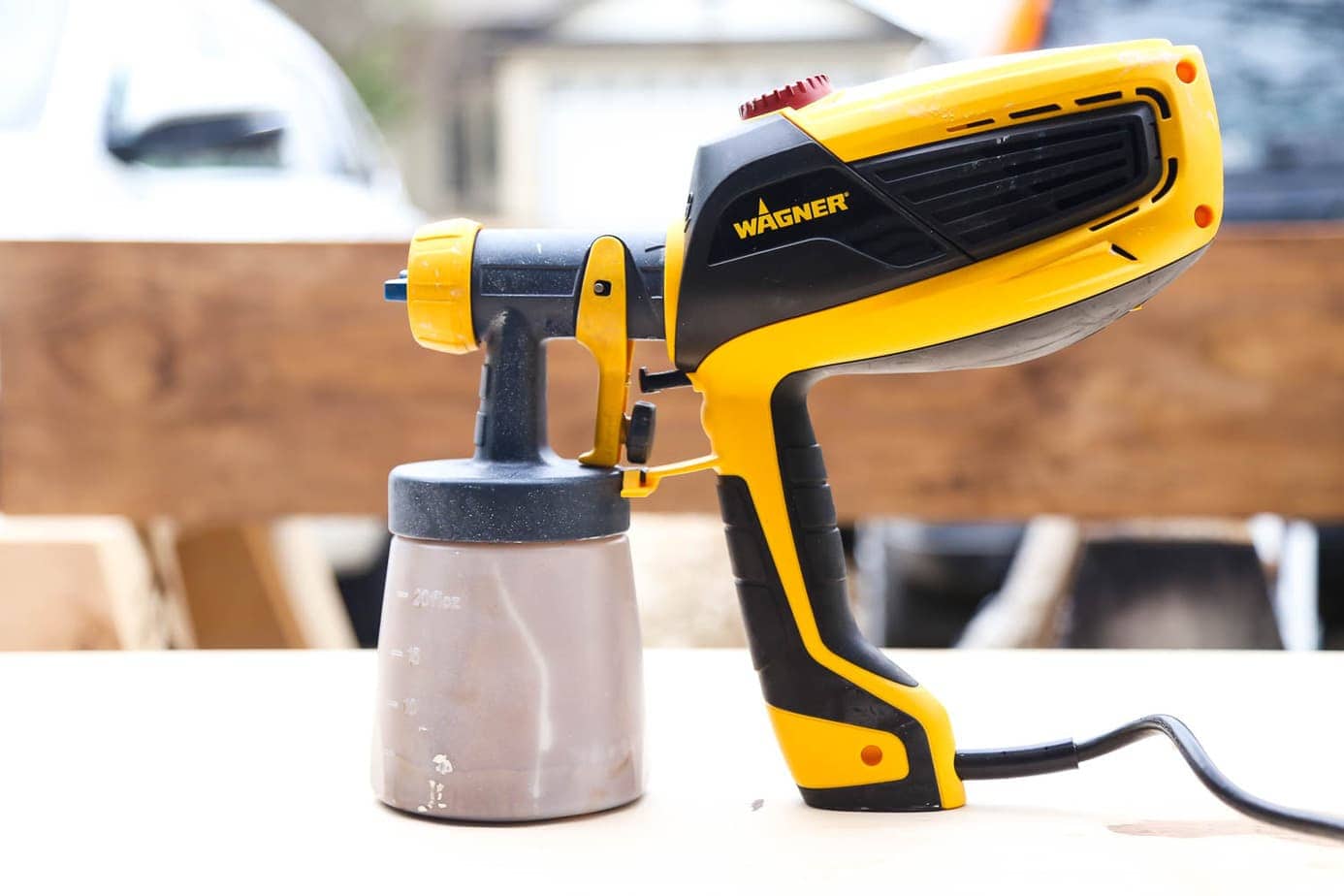 Wagner paint sprayer, used to stain floating shelves