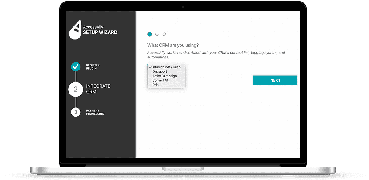 AccessAlly-Onboarding-Wizard Laptop with a screenshot of the AccessAlly onboarding wizard with email marketing integration