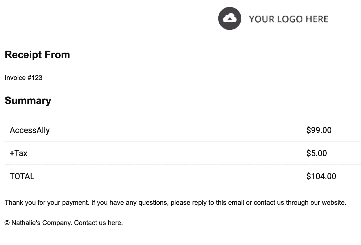 Customizable receipt emails Screenshot of email receipt