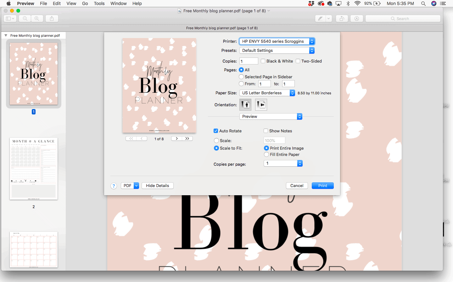 How to Print Your Monthly Blog Planner Without Margins On a Mac