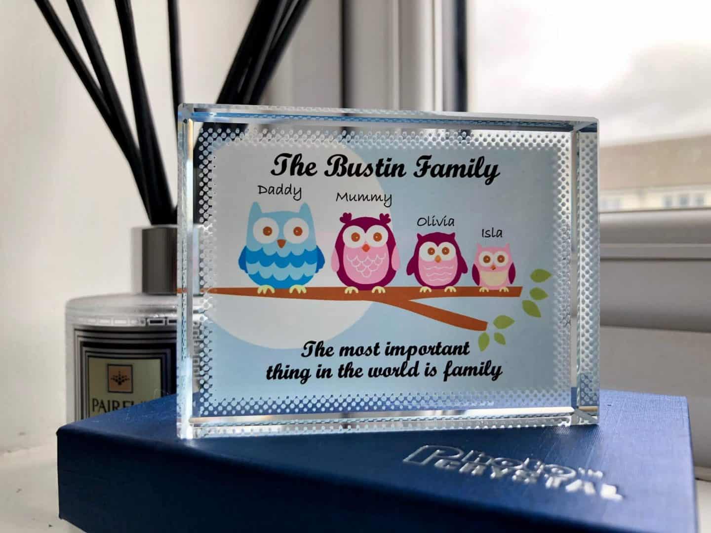 Personalised Owl Family Crystal Block