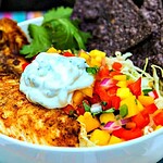 Fish Taco Bowl with mango salsa and cilantro lime crema, a deliciously healthy meal full of flavor #fish #taco #bowls #salsa #mango