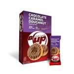 Red and purple box and pouch of BUp Chocolate Caramel Doughnut Protein Bars with 12 bars per box and each bar containing 20 g protein and 4 g sugar