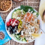 Instant pot Quinoa bowl with chicken, tomatoes, olive, peppers with hummus dressing
