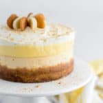 Banana cream pie cheesecake on a white platter