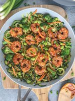 Simple Teriyaki Shrimp over Zucchini Noodles - this recipe is made with a homemade teriyaki sauce and served over zucchini noodles. Making for an easy, healthy and extremely delicious dinner option that can be on your table in 30 minutes! #shrimp #teriyaki #easy #healthy #shrimpteriyaki #zoodles #zucchininoodles | www.withpeanutbutterontop.com