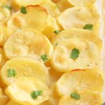 Close up of baked dairy free scalloped potatoes