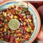 Spice up your summer with this tasty Peach Pico de Gallo recipe. Grab those fresh farmers market peaches and whip up a bowl to snack on. #Peach #PicodeGallo #Salsa #PeachRecipe #Appetizer #Dips #DipRecipe #Farmersmarket