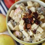 This Apple Cranberry Fruit Salad recipe is the perfect fall dessert. Apples, craisins and pecans pair up to create this delicious creamy fruit salad recipe. #fruitsalad #apple #applerecipe #fallrecipe #fallbaking #appledessert