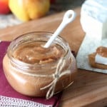 Spiced pear apple butter in mason jar with twine ribbon